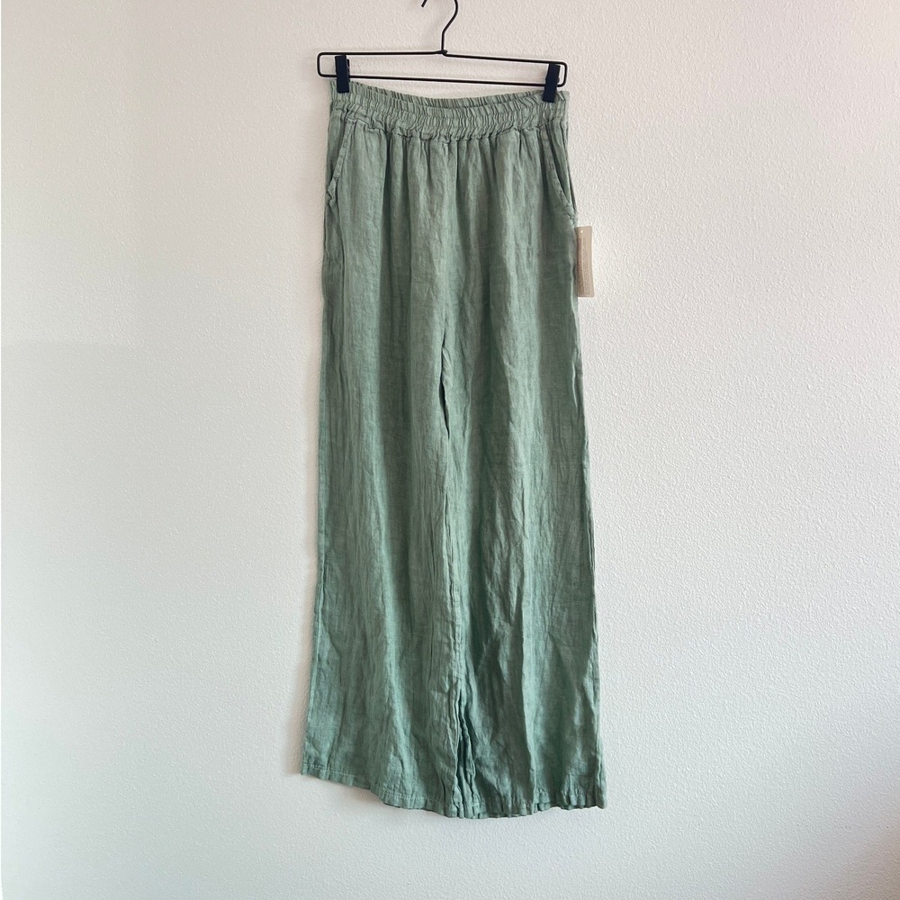 NWT Puro Lino Made in Italy Sage Green Wide Leg Pants XS/S Coastal Quiet Luxury